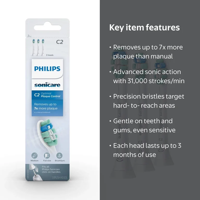 Sonicare Plaque Control Brush Heads, 3 Pack, White, Fits Click-On