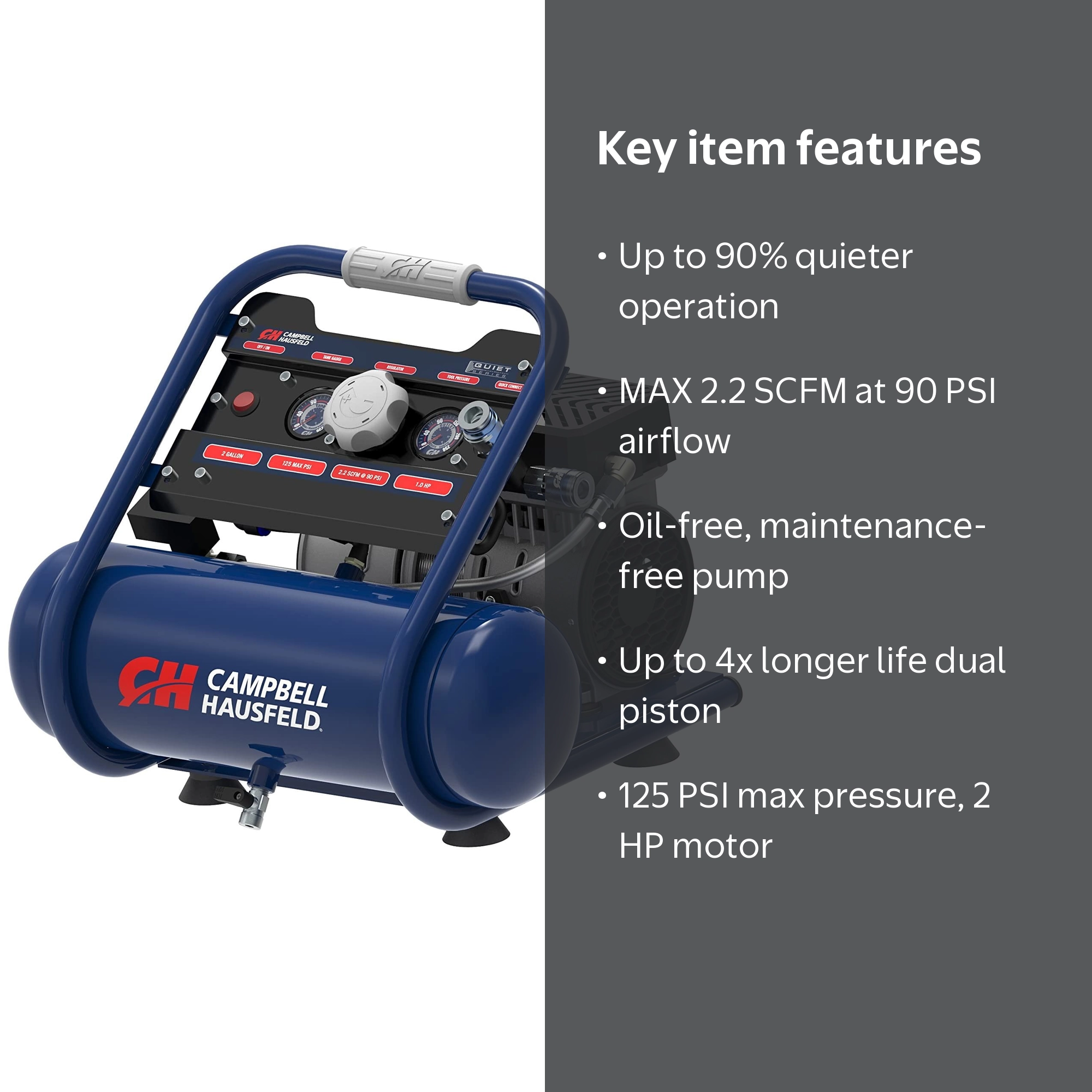 Campbell Hausfeld Quiet 2HP 2 Gal. 125PSI, Electric Oil-Free