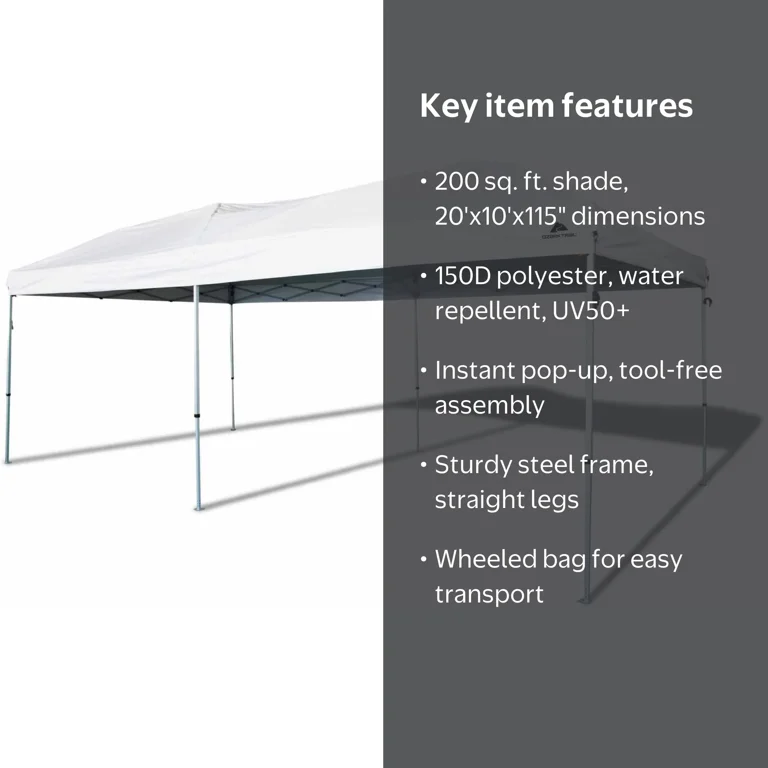 Ozark Trail 20x10 ft Pop Up Canopy Tent with Wheeled Bag, White
