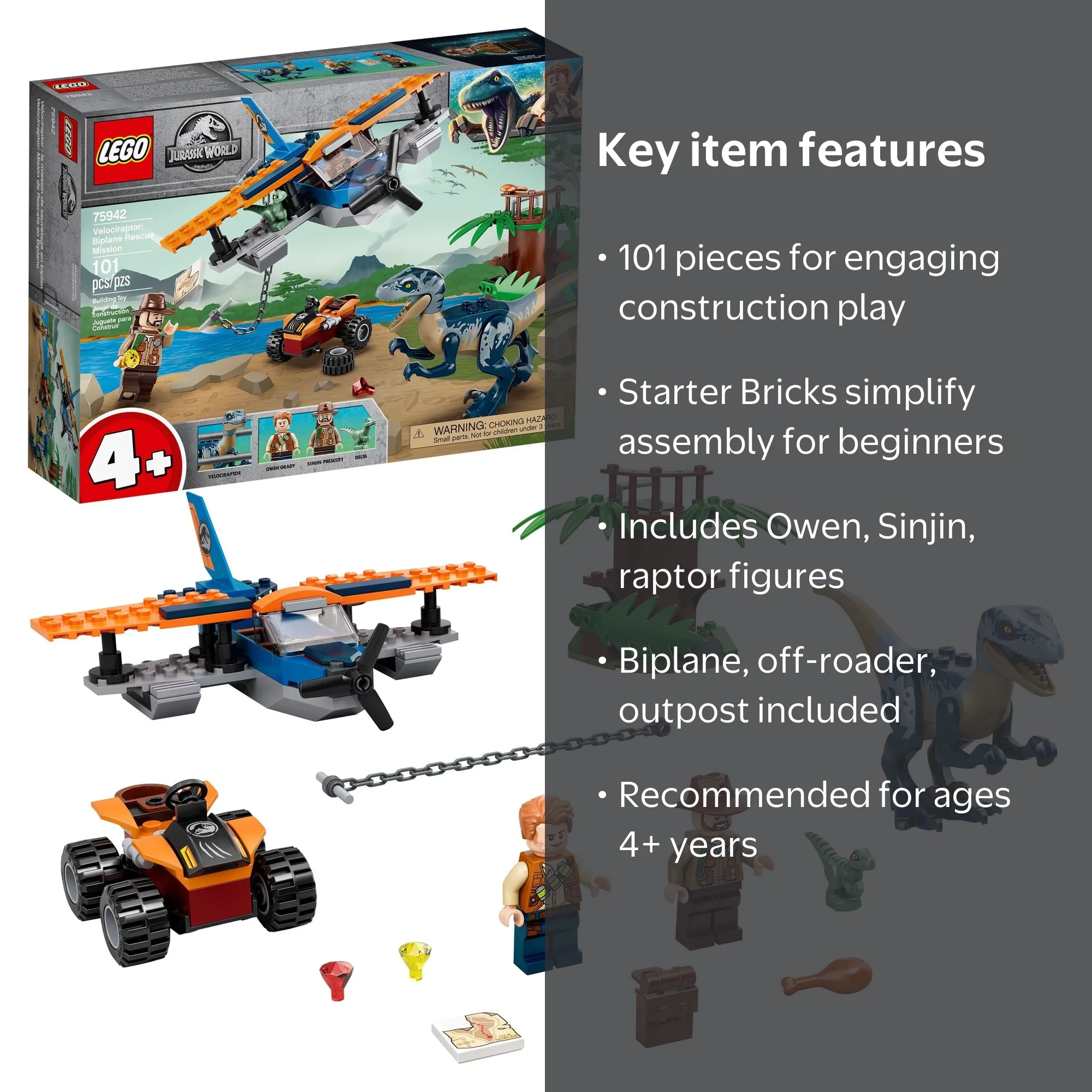 LEGO, Velociraptor: Biplane Rescue Mission, 75942, 101 Pieces