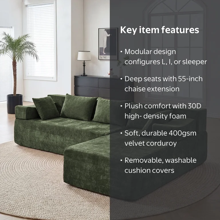Behost 105 inch Modular Sectional Sofa for Living Room, L Shaped Chenille Cloud Couch Sleeper Bed, Green