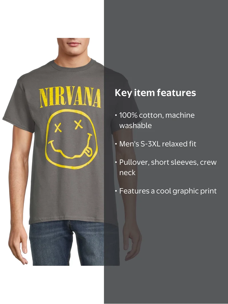 Nirvana All Gender Smiley Logo Graphic Tee Shirt, Men's Sizes S