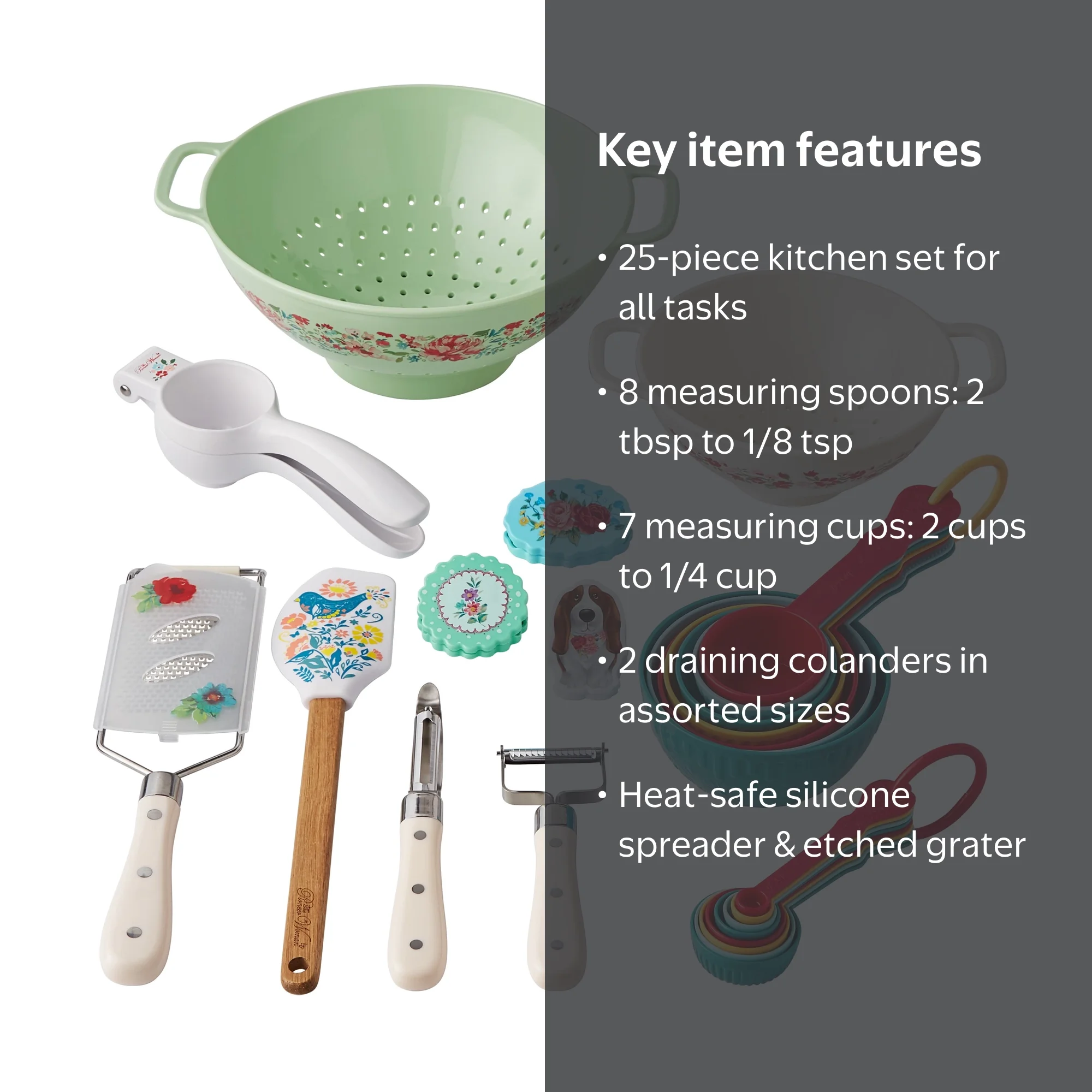調理器具 Kizmos Flora Kitchen Tools The Pioneer Woman 25-Piece Kitchen Set with Colanders, Measuring