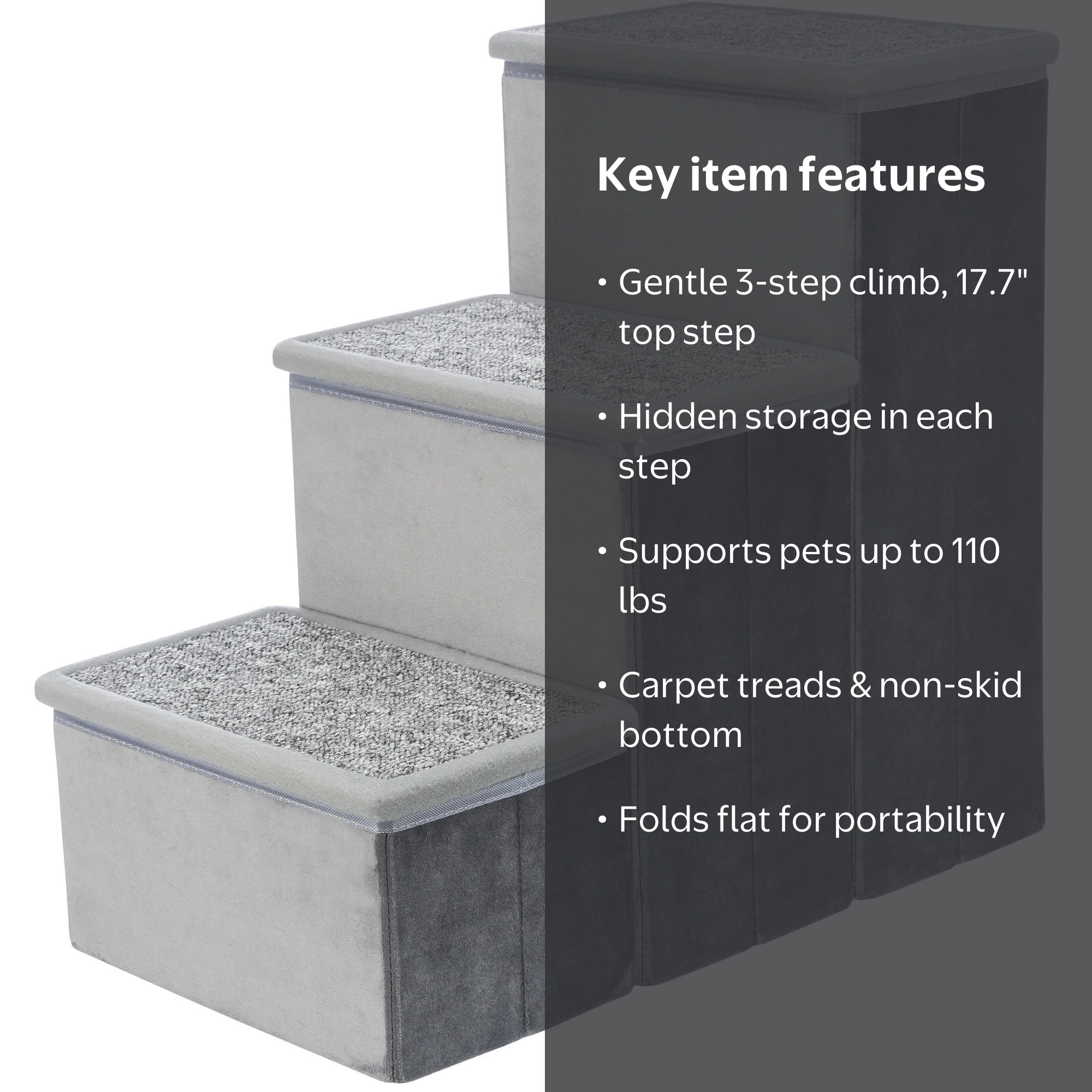 TRIXIE, Pet Stairs, Foldable Velour Pet Stairs with Storage, Gray