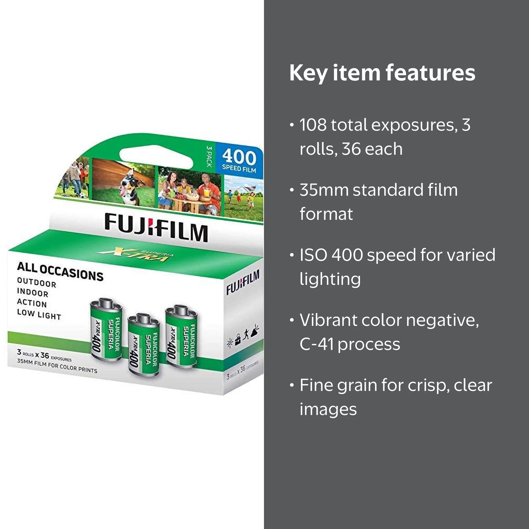 FUJI 35mm Film, ISO 400, 36 Exposures per Roll, 3 Pack, 108