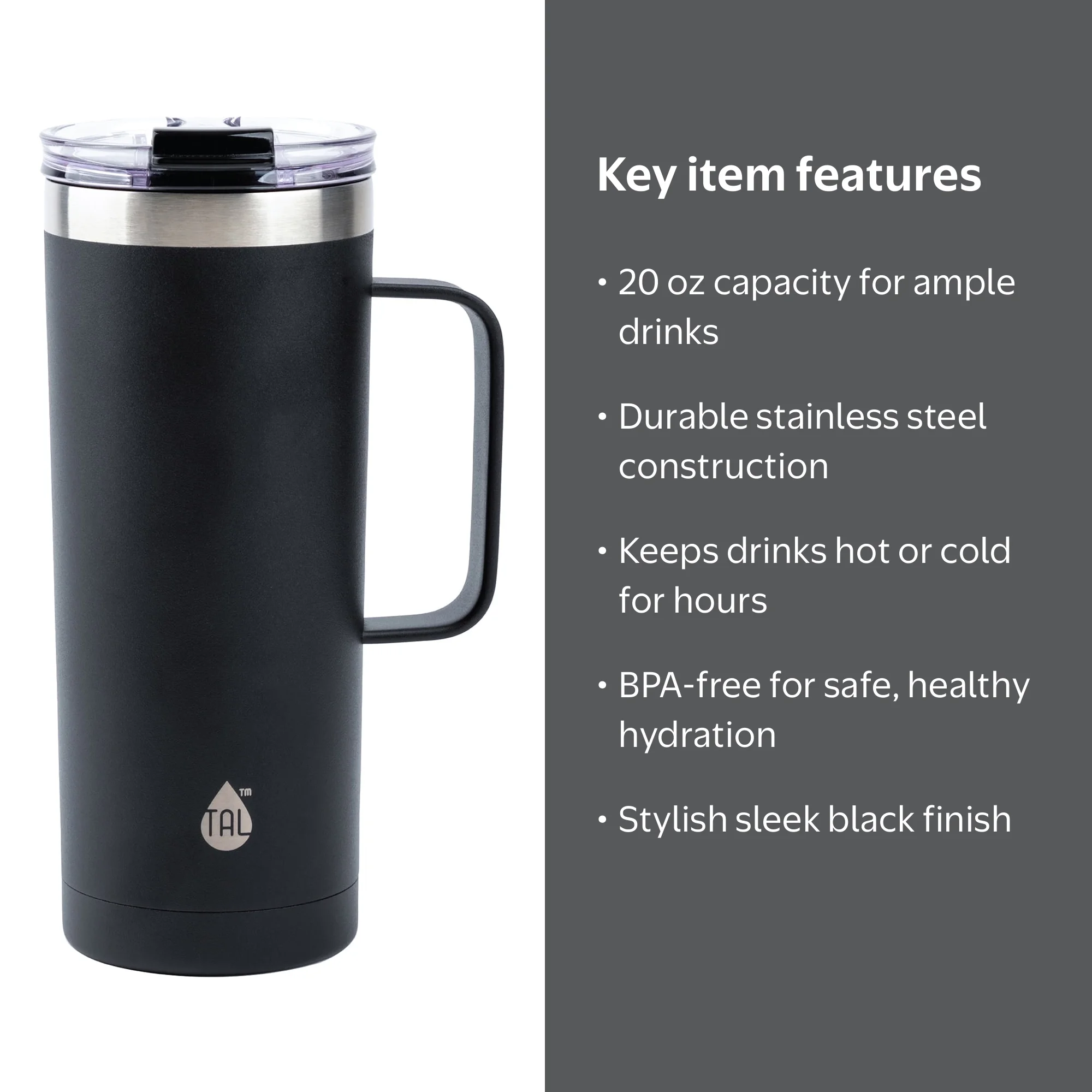 TAL Stainless Steel Mountaineer Travel Mug 20 oz Black, Double