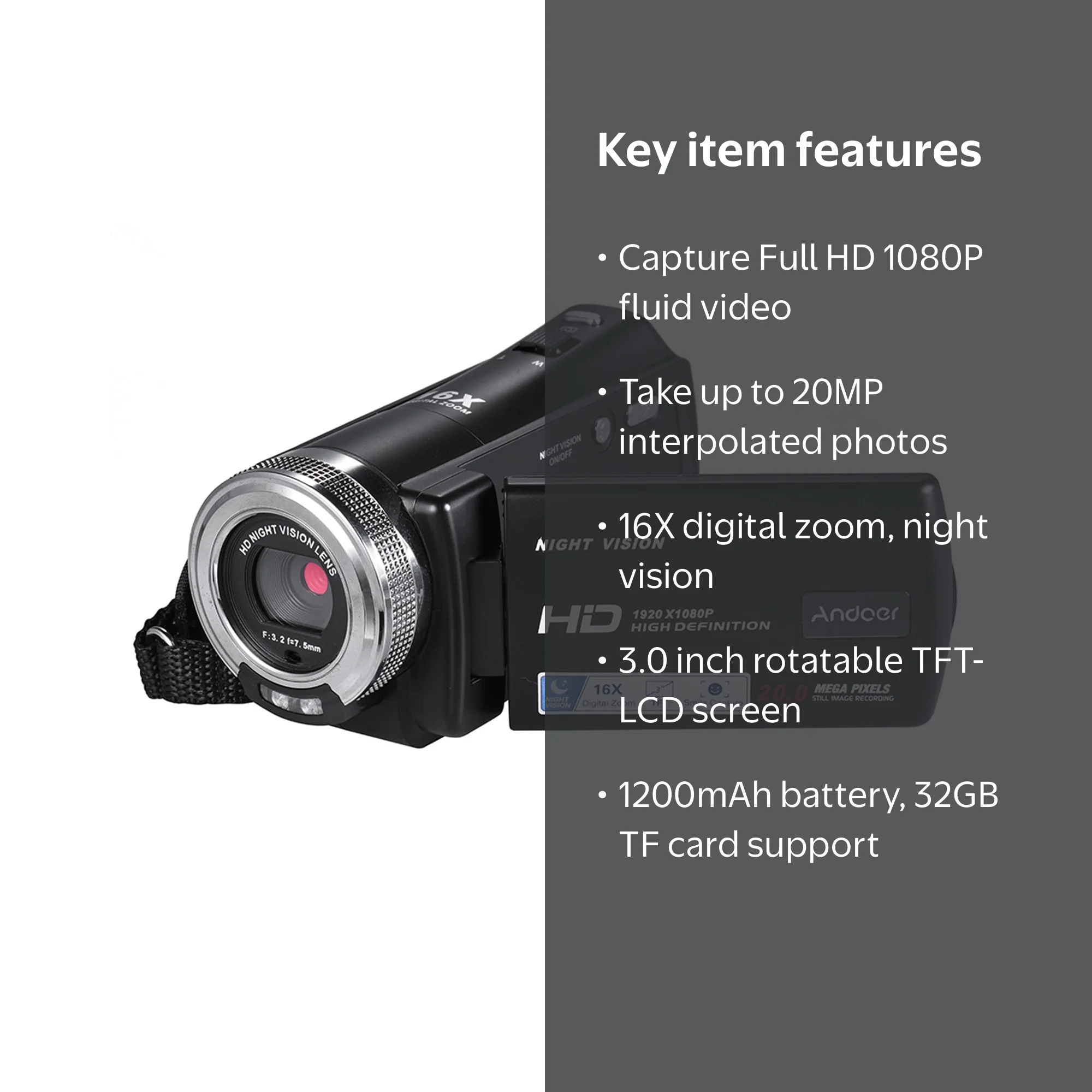 Andoer V12 1080P Full HD 16X Zoom Video Camera with 3.0 Inch LCD