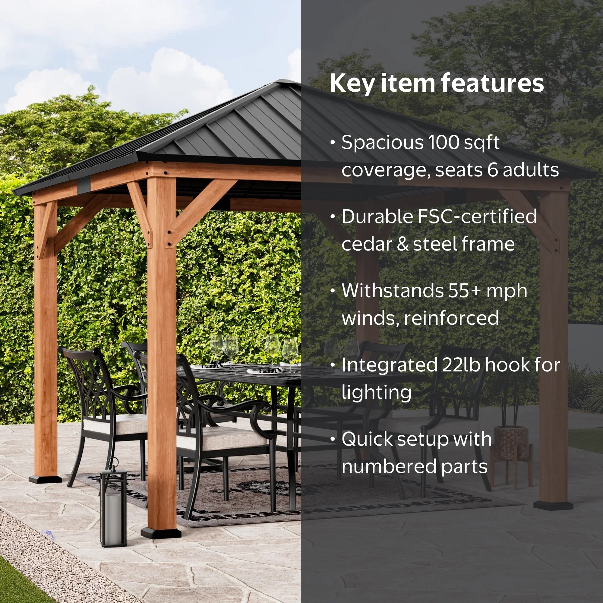 Modern Shade, Cedar Gazebo, 10'x10', Steel Hardtop Garden Pavilion