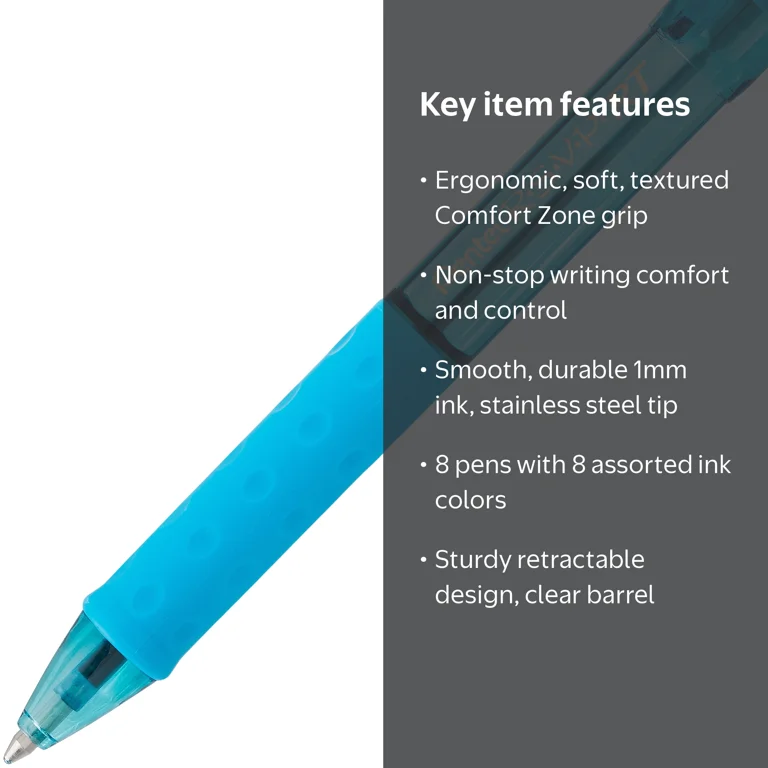 Pentel, Retractable Ballpoint Pen, 1mm, Assorted Ink 8 Pack