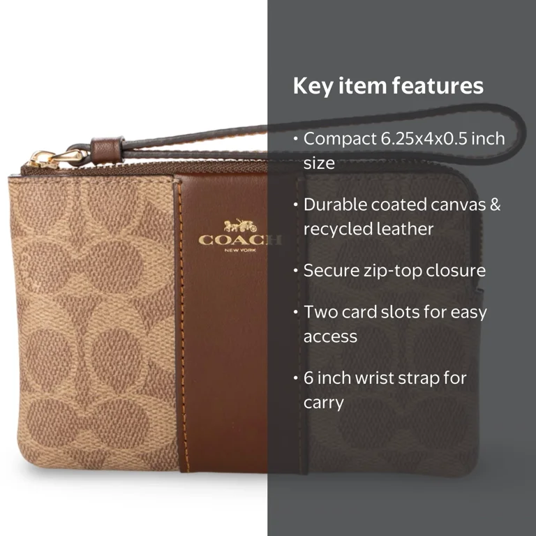 COACH ブラウンレザー手袋 6 1/2 Coach, Women's Small Corner Zip Wristlet, Signature Canvas, Tan