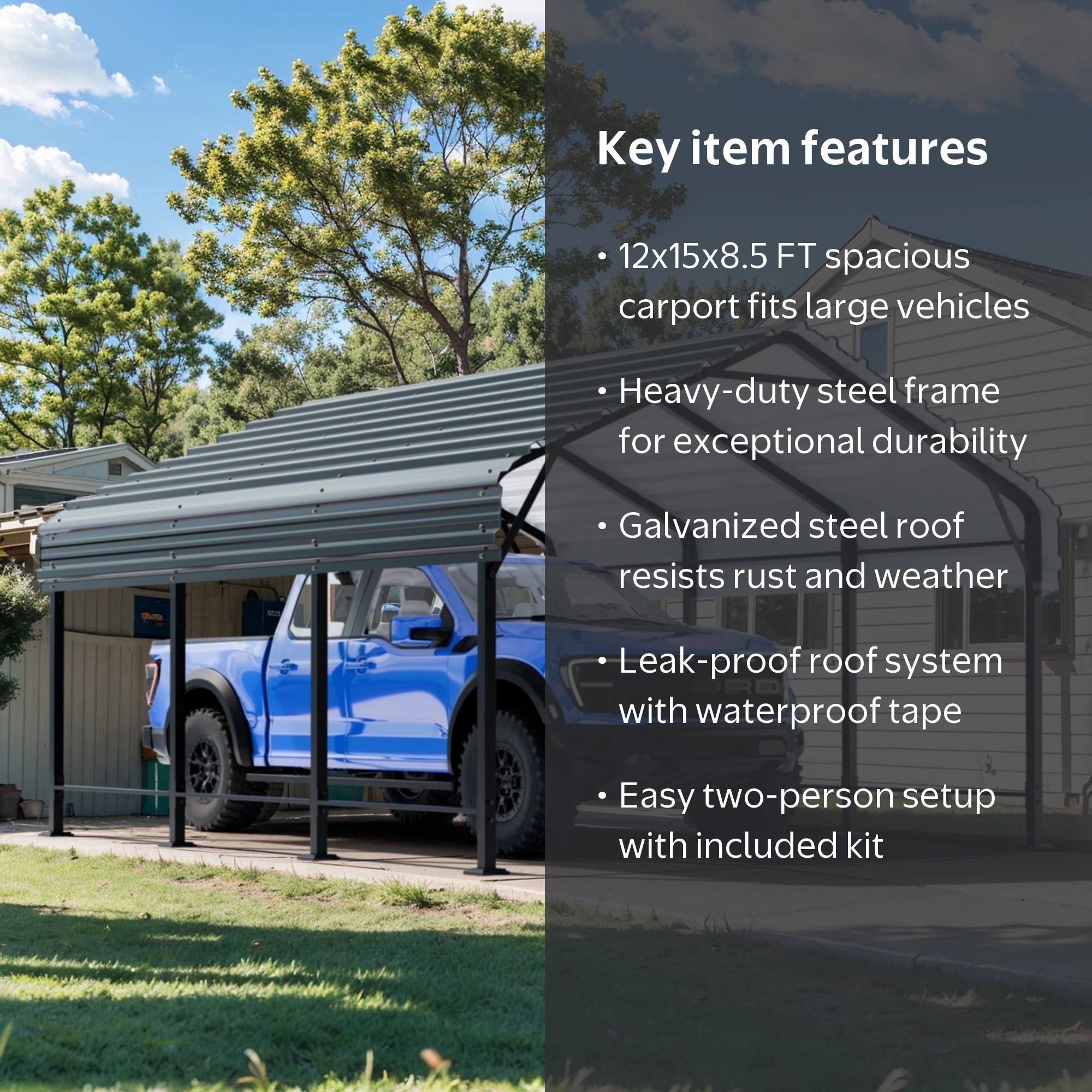 Walsunny Steel Carport 12X15 FT Heavy Duty Carport Canopy with