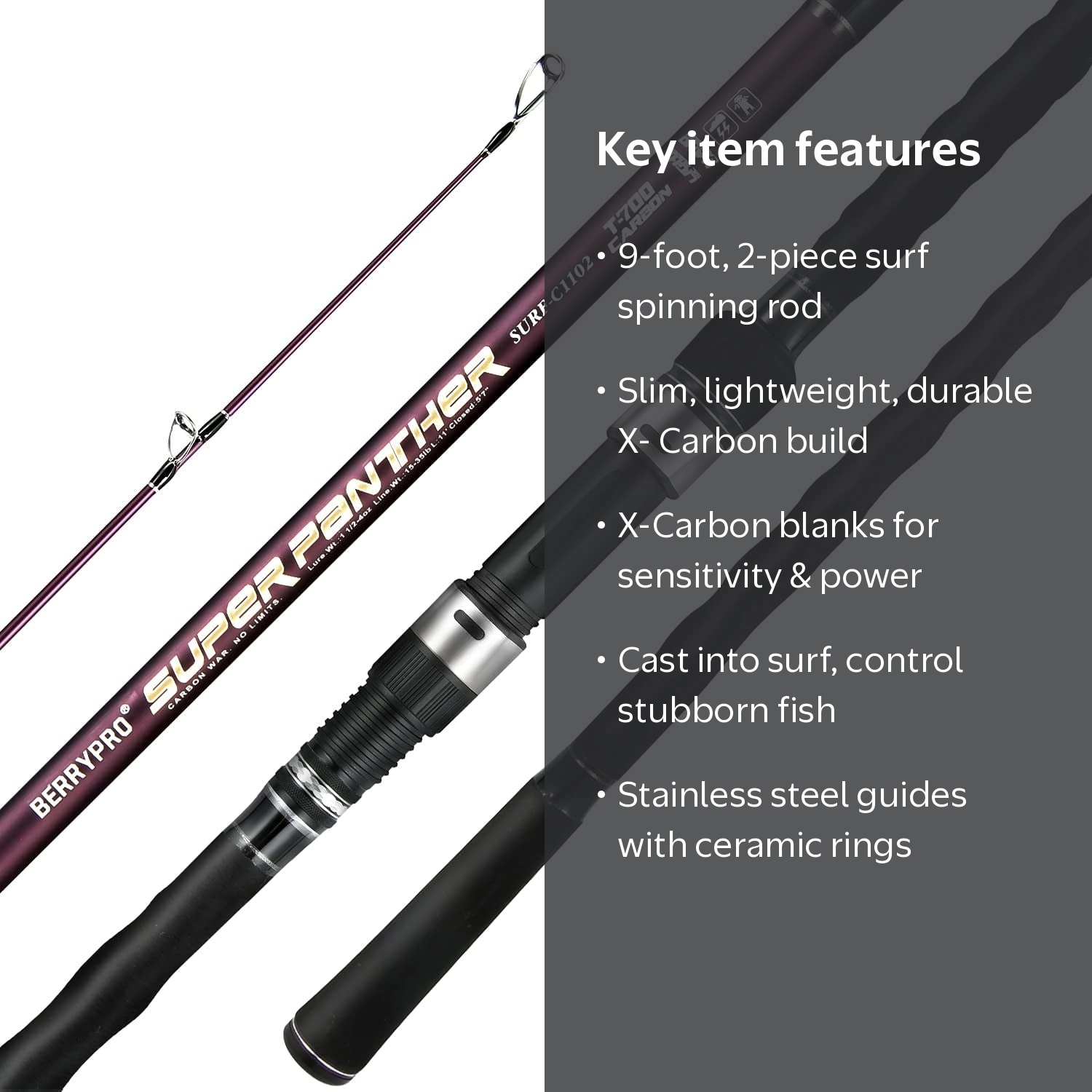 BERRYPRO Super Panther Light Surf Spinning Rod, Carbon Fiber