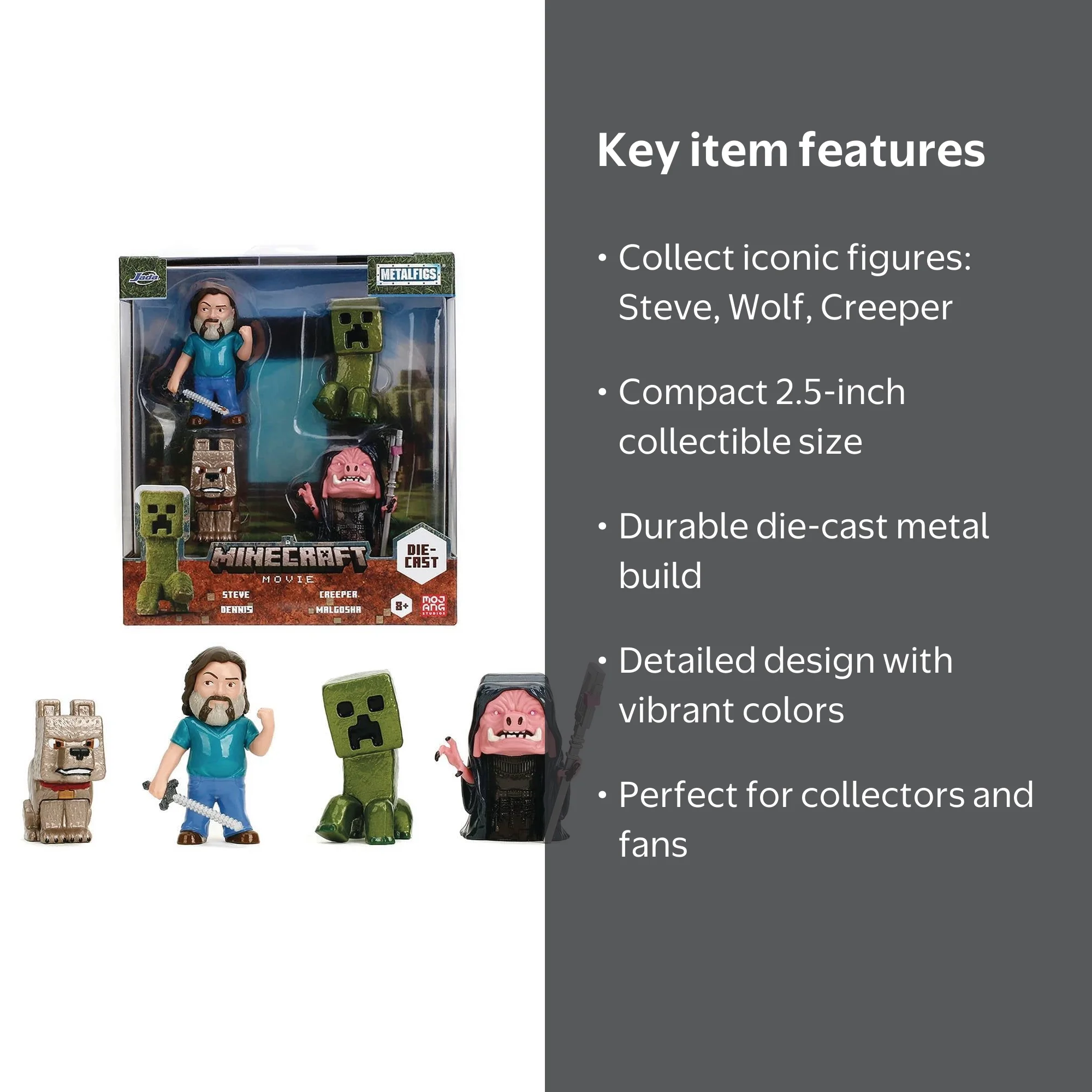 Minecraft Movie Metalfig 4-Pack Figures Steve, Wolf, Creeper