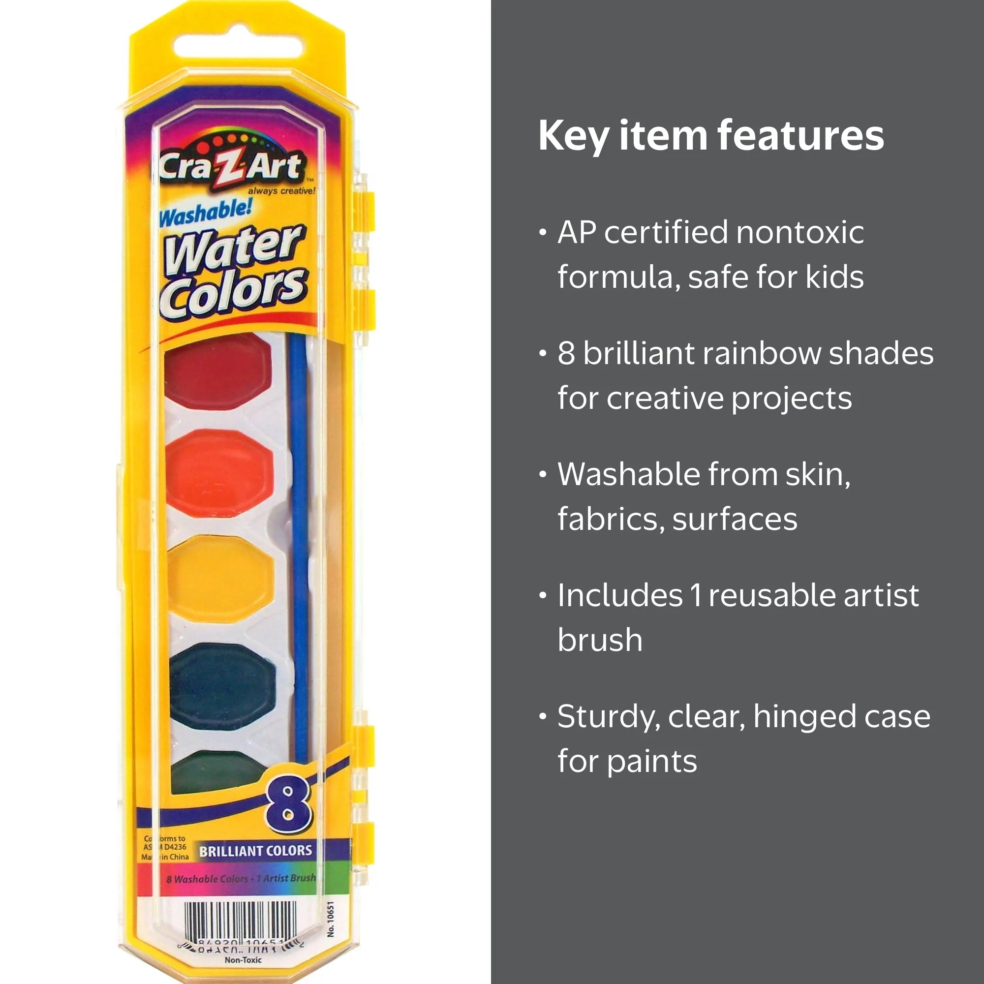 Cra-Z-Art, Washable Watercolor Paints, 8 Colors, with Brush