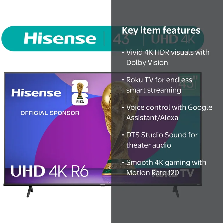 Hisense, 43-inch 4K UHD LED LCD Smart Roku TV HDR R6 Series 43R6E3