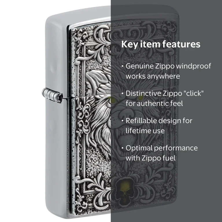Zippo Classic Wolf Emblem Design, Refillable Brushed Chrome Pocket