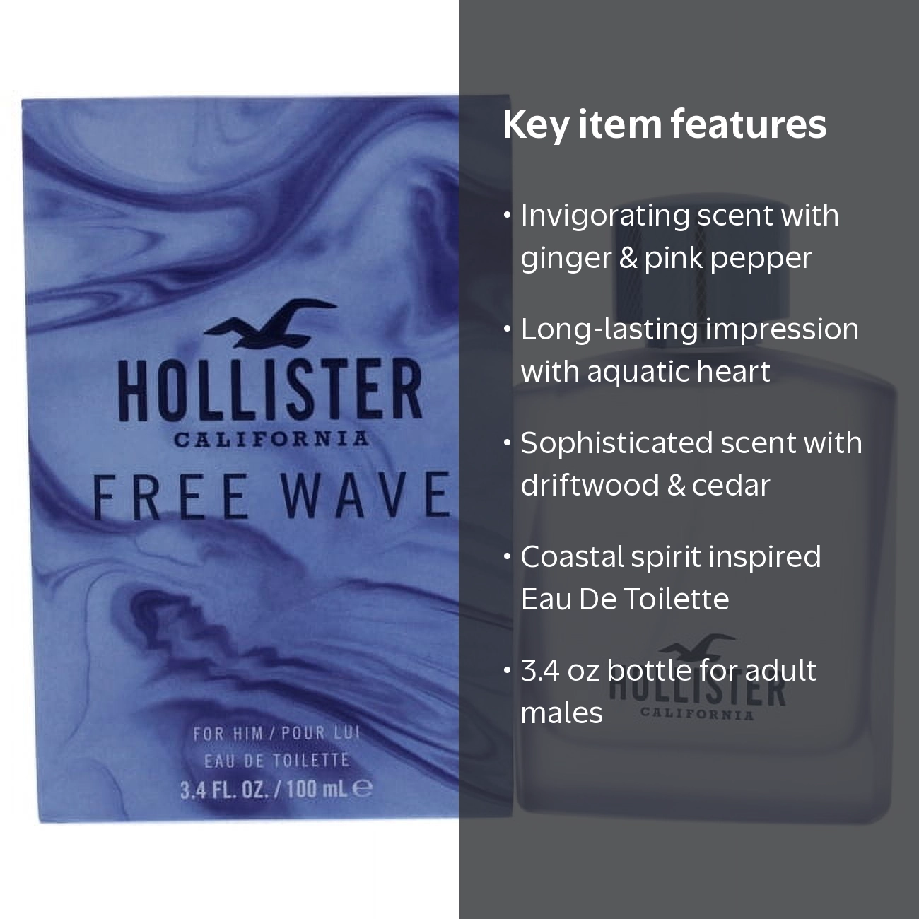 Hollister, Men's Free Wave EDT, 3.4 oz, Aquatic Fruity Fresh