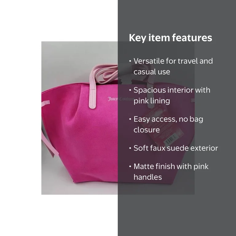 Juicy Couture Tote Bag, Pink Faux Suede Shopper Handbag with Logo