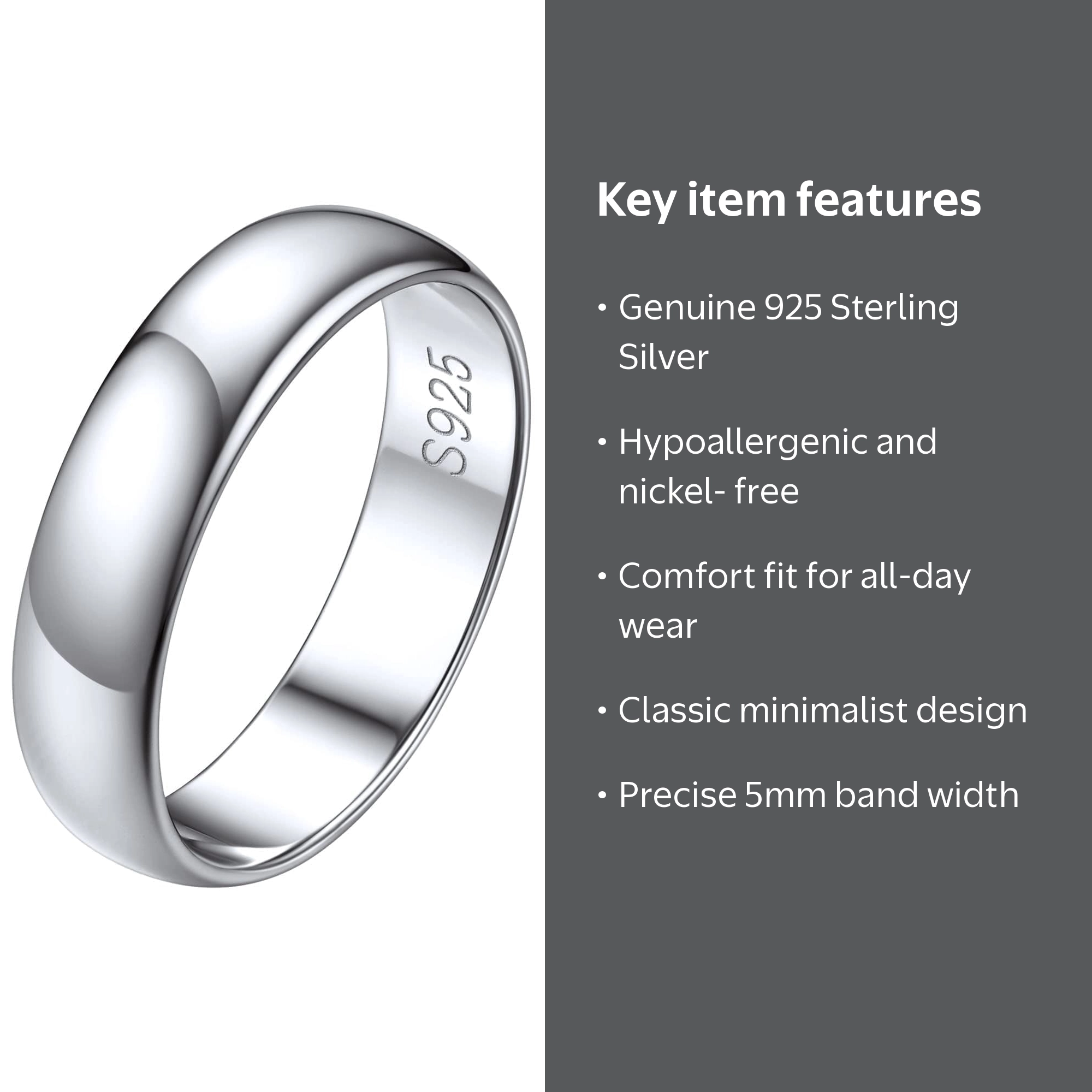 ChicSilver 5mm Sterling Silver Ring for Men & Women, Wedding