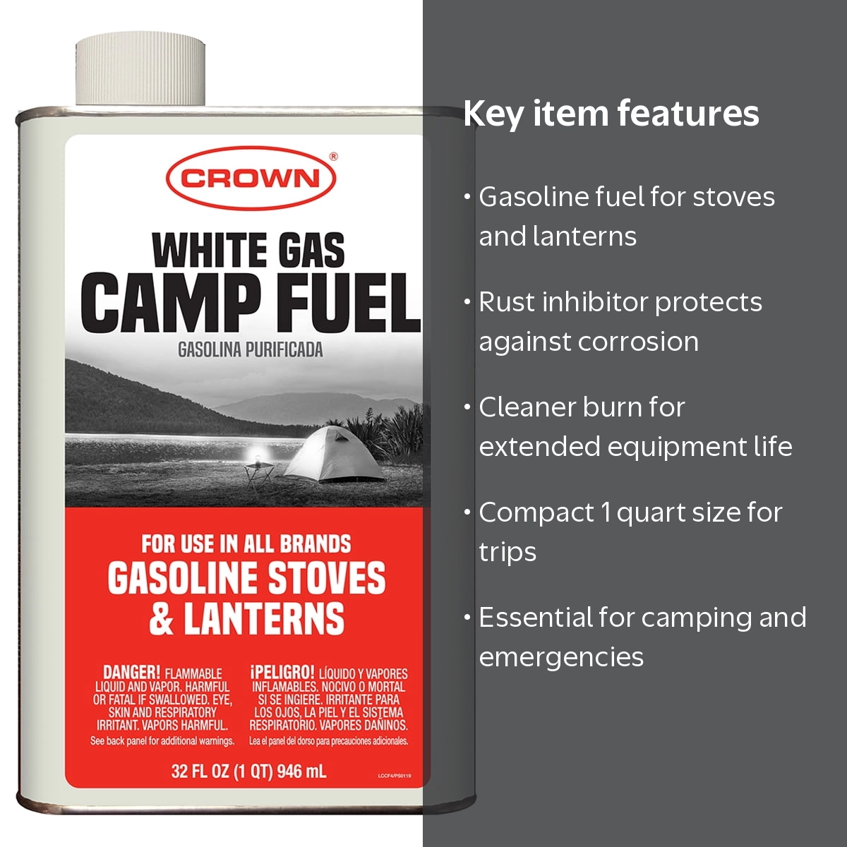 Crown White Gas Camp Fuel 1 Quart Canister for Gasoline Stoves and