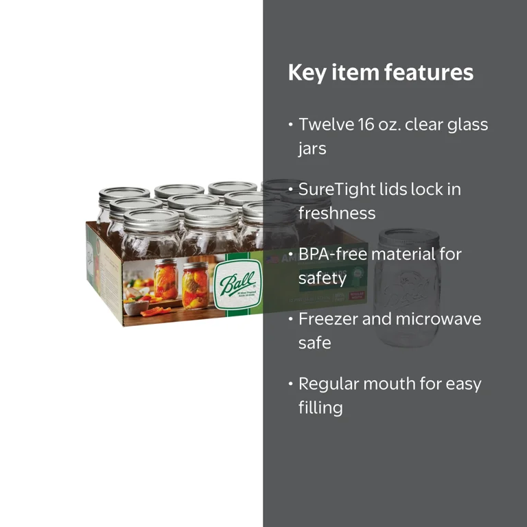 Ball, Mason Jars, 16 oz, Regular Mouth Pint with Lids & Rings, 12