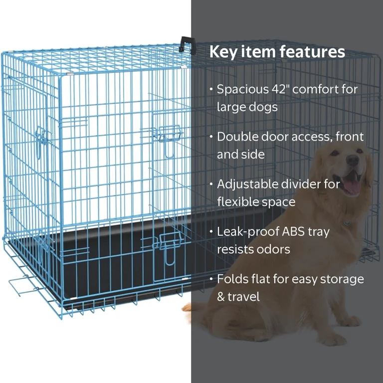 Bestpet, Dog Crate, 42 inch, Foldable Metal, Double Door, Blue