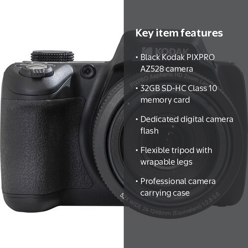 Kodak PIXPRO AZ528 Digital Camera (Black) + Extra Battery + Flash
