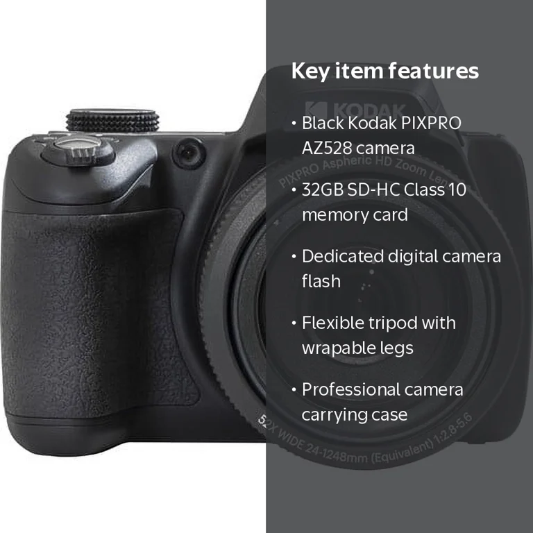 Kodak PIXPRO AZ528 Digital Camera (Black) + Extra Battery + Flash