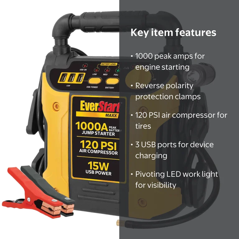 Free Shipping! Ever Start Maxx 1000 Peak Amp Jump Starter with 120