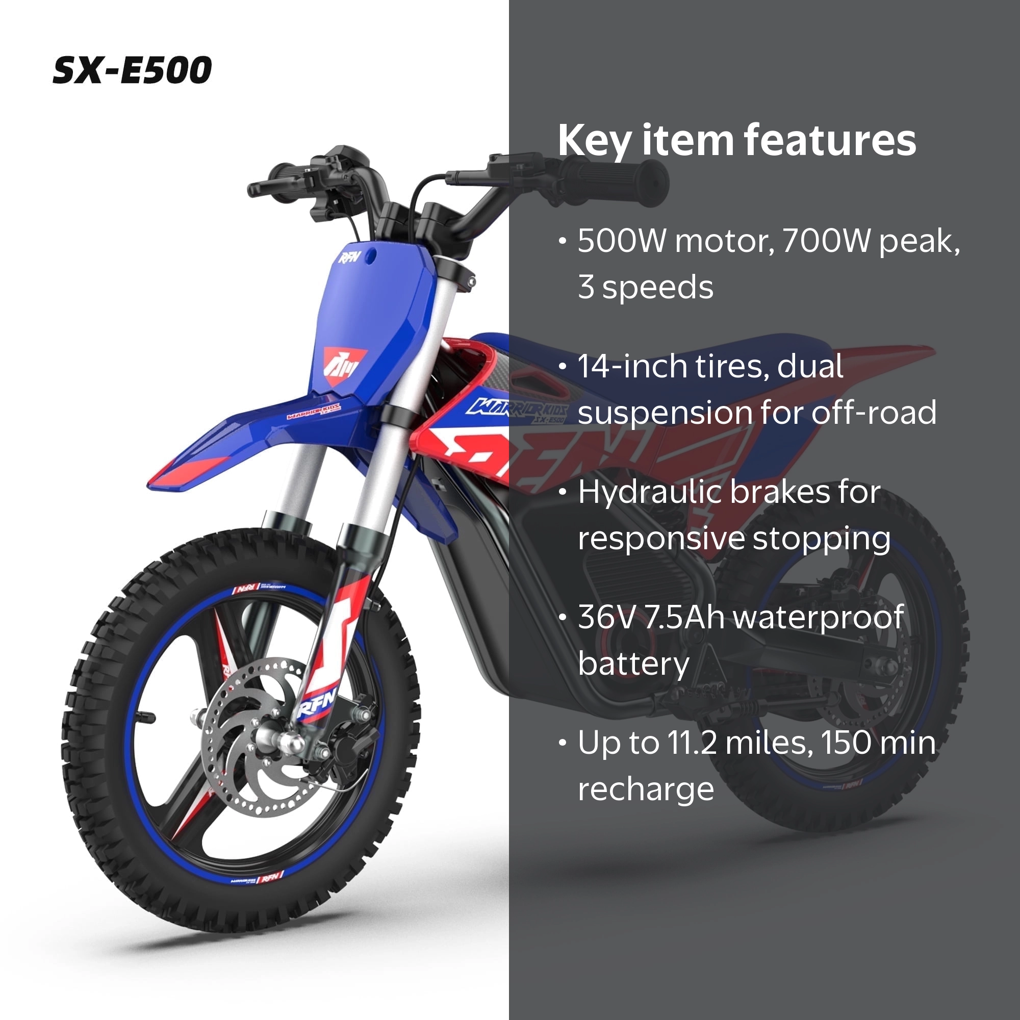RFN Warrior Kids SX-E500 36V Electric Dirt Bike – 700W Motor, 21.7