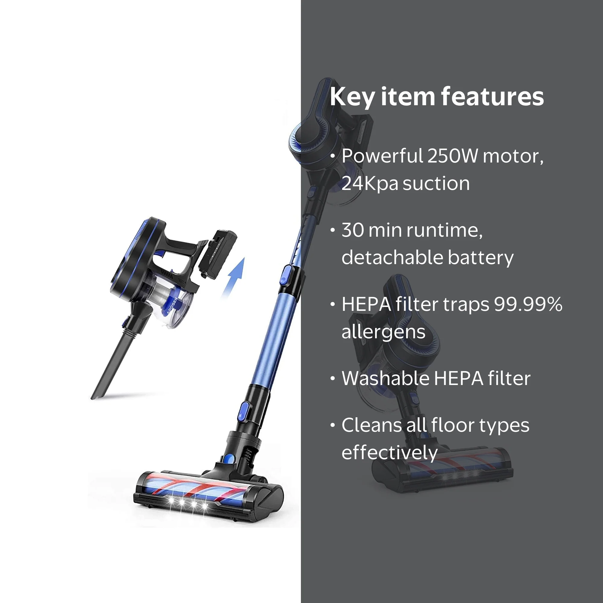 APOSEN 250W 4 in 1 Cordless Vacuum, 24KPa Suction, for Hard Floor APOSEN 250W 4 in 1 Cordless Vacuum, 24KPa Suction, for Hard Floor