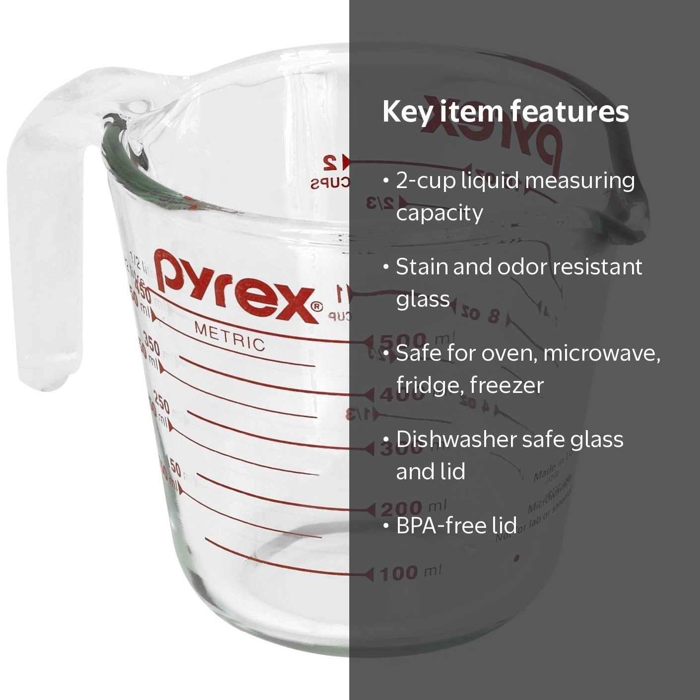 Pyrex 2-Cup Measuring Cup, Clear Glass, Red Graphics, Durable