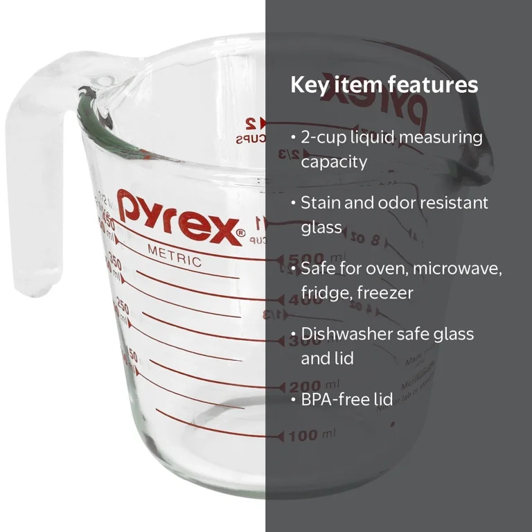 Pyrex 2-Cup Measuring Cup, Clear Glass, Red Graphics, Durable