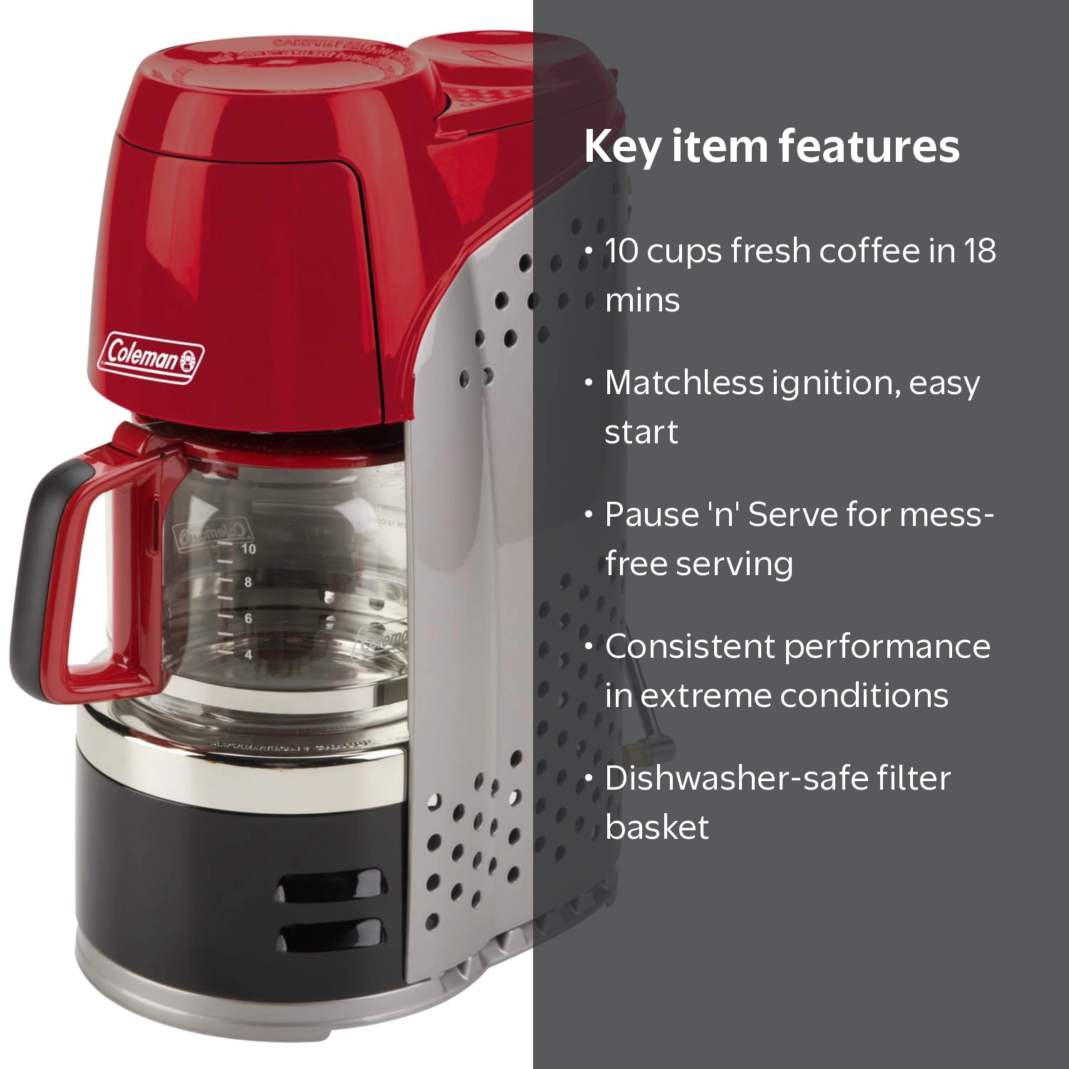 Coleman, Coffee Maker, 10 Cups, Glass Carafe, Red, Propane