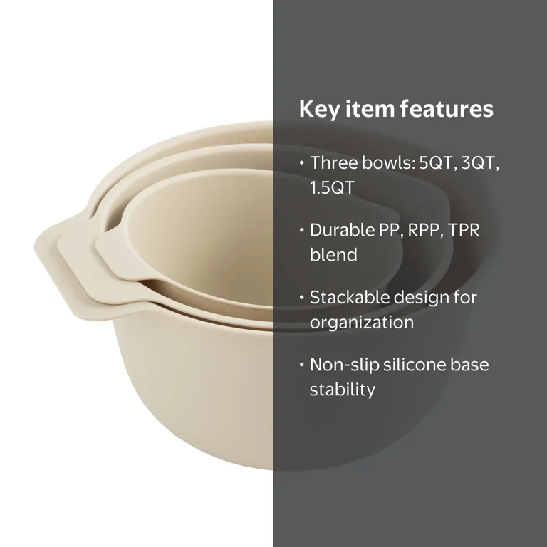 Mainstays 3-Piece Mixing Bowls Set Recycled Material 5QT 3QT 1.5QT