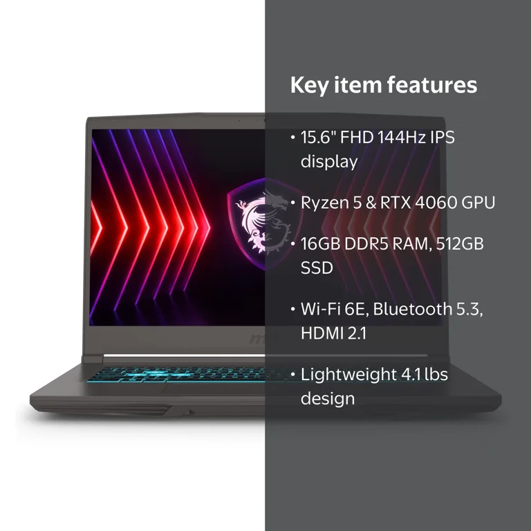 MSI Thin 15.6 inch FHD 144Hz Gaming Laptop AMD Ryzen 5 7535HS
