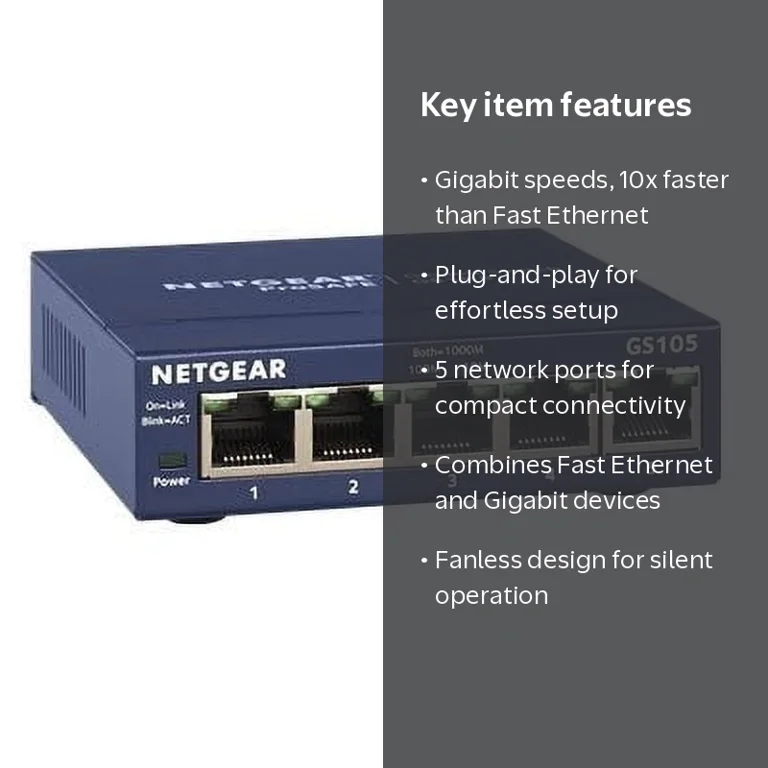 NETGEAR ProSAFE 5-port Gigabit Desktop Switch, GS105NA, Fanless