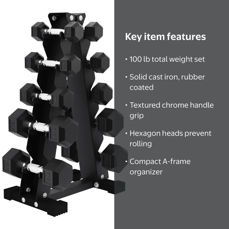 BalanceFrom Rubber Hex Dumbbell Set, Alloy Steel, Black, 5-15 lbs