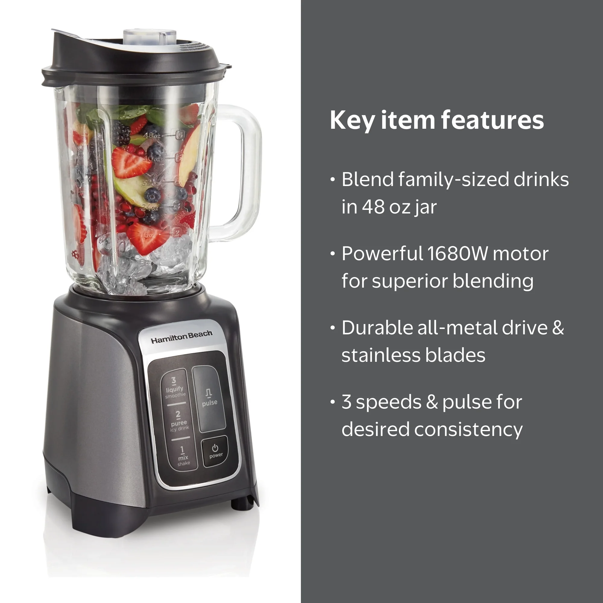 Hamilton Beach Blender for Kitchen, 48 oz Glass Jar for Smoothies