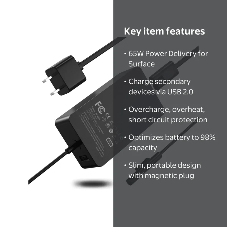 VUOHOEG, Surface Charger, 65W, USB-C port, Supports Surface Pro 3