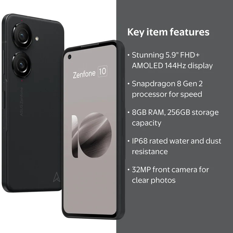 ASUS Zenfone 10 Cell Phone, 5.9” FHD+ AMOLED 14 4Hz, IP68, 32MP