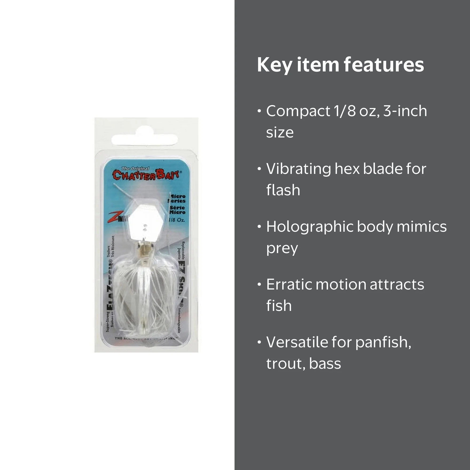 Z-Man ChatterBait Micro Lure, 1/8oz, White, Hex Blade, Vibrating