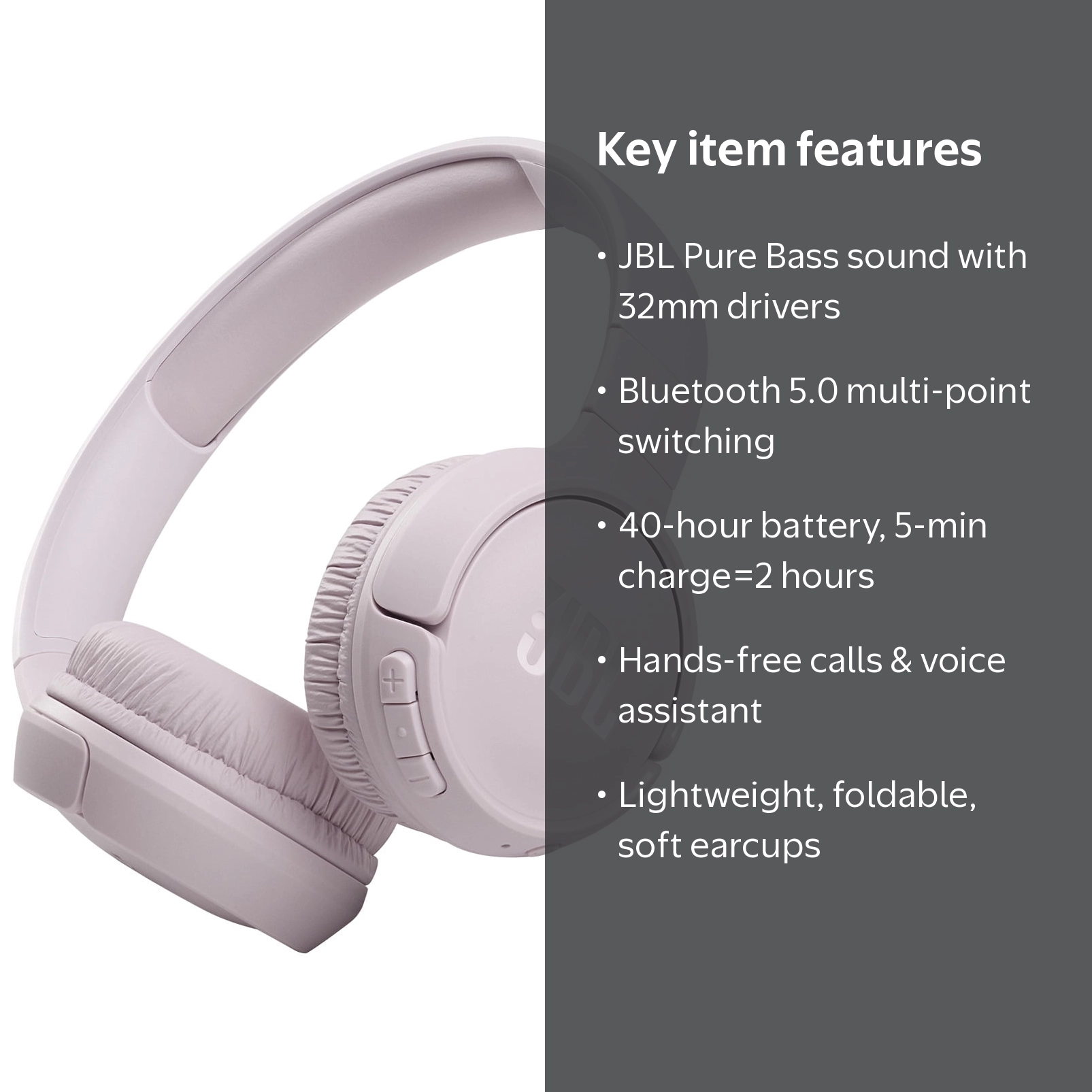 JBL, Headphones, Pink, Wireless Bluetooth On-Ear, Purebass Sound
