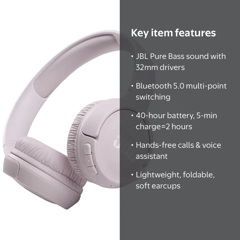 JBL, Headphones, Pink, Wireless Bluetooth On-Ear, Purebass Sound