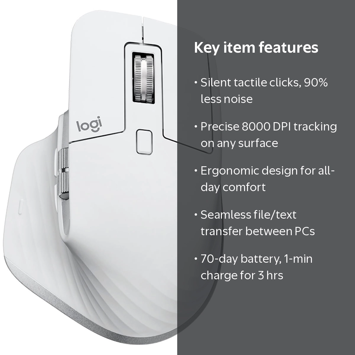 Logitech, Wireless Mouse, Quiet Clicks, 8K DPI, Pale Gray