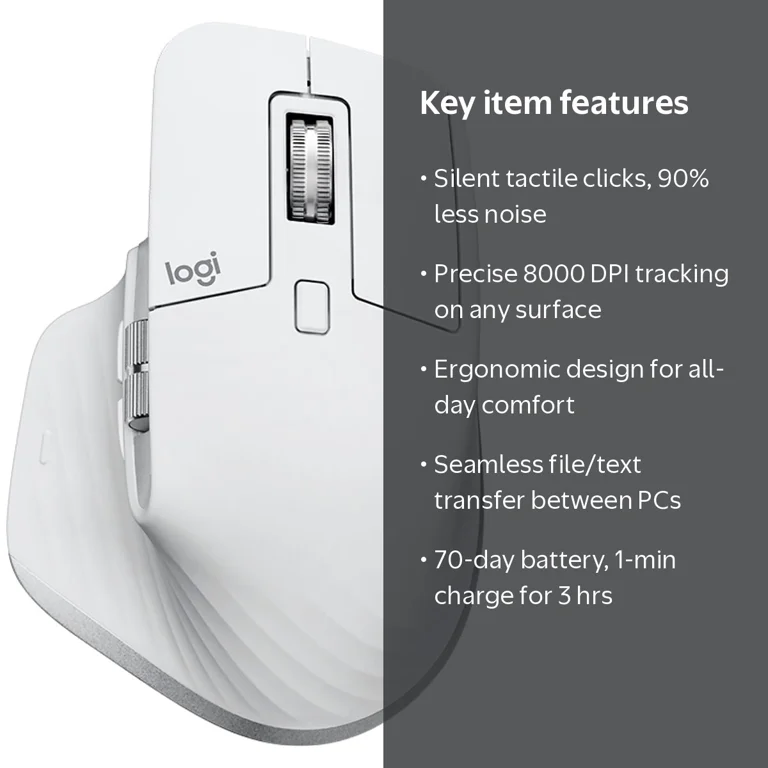 Logitech, Wireless Mouse, Quiet Clicks, 8K DPI, Pale Gray