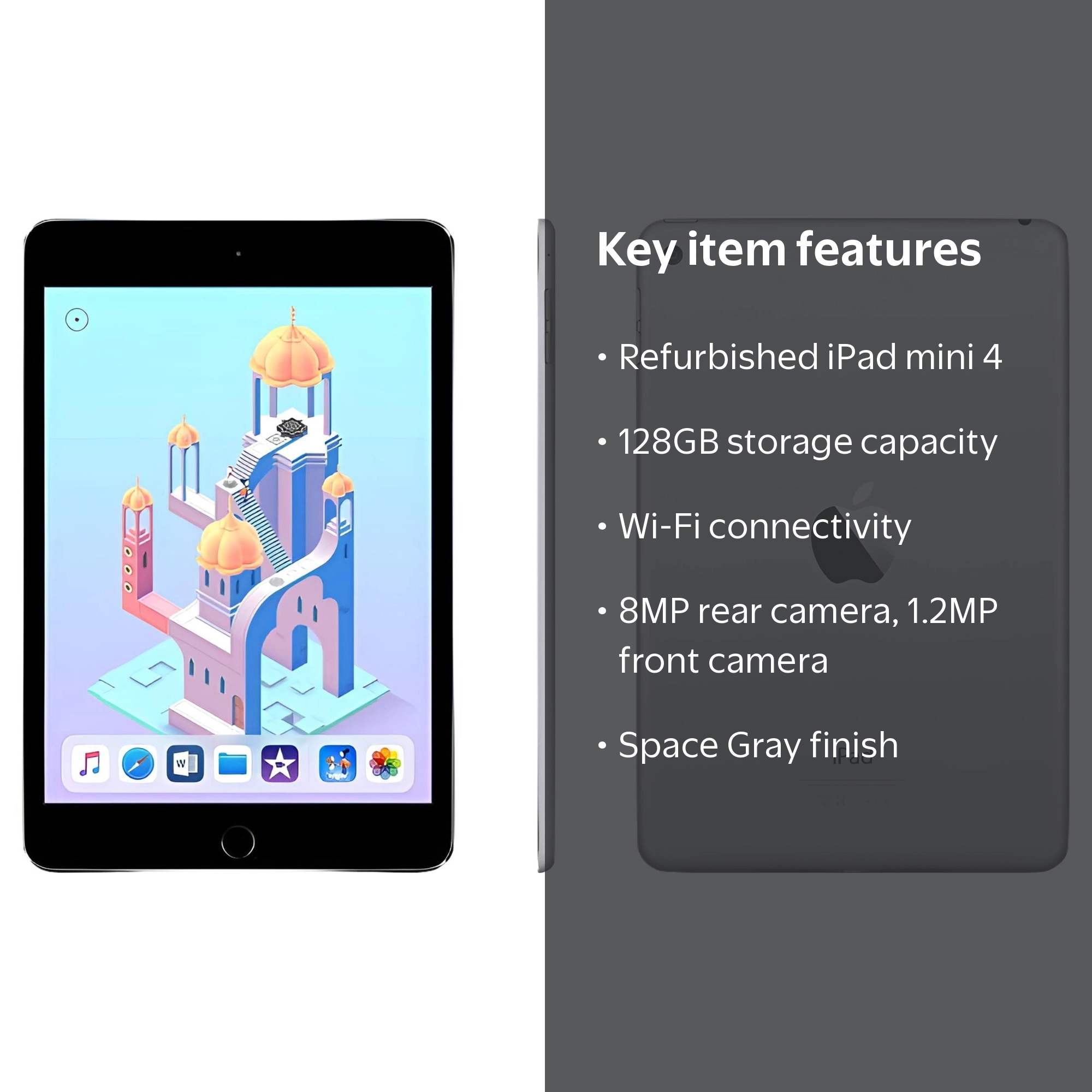 Apple iPad Mini 4, Wi-Fi, 128GB, Space Gray, Refurbished, 8MP