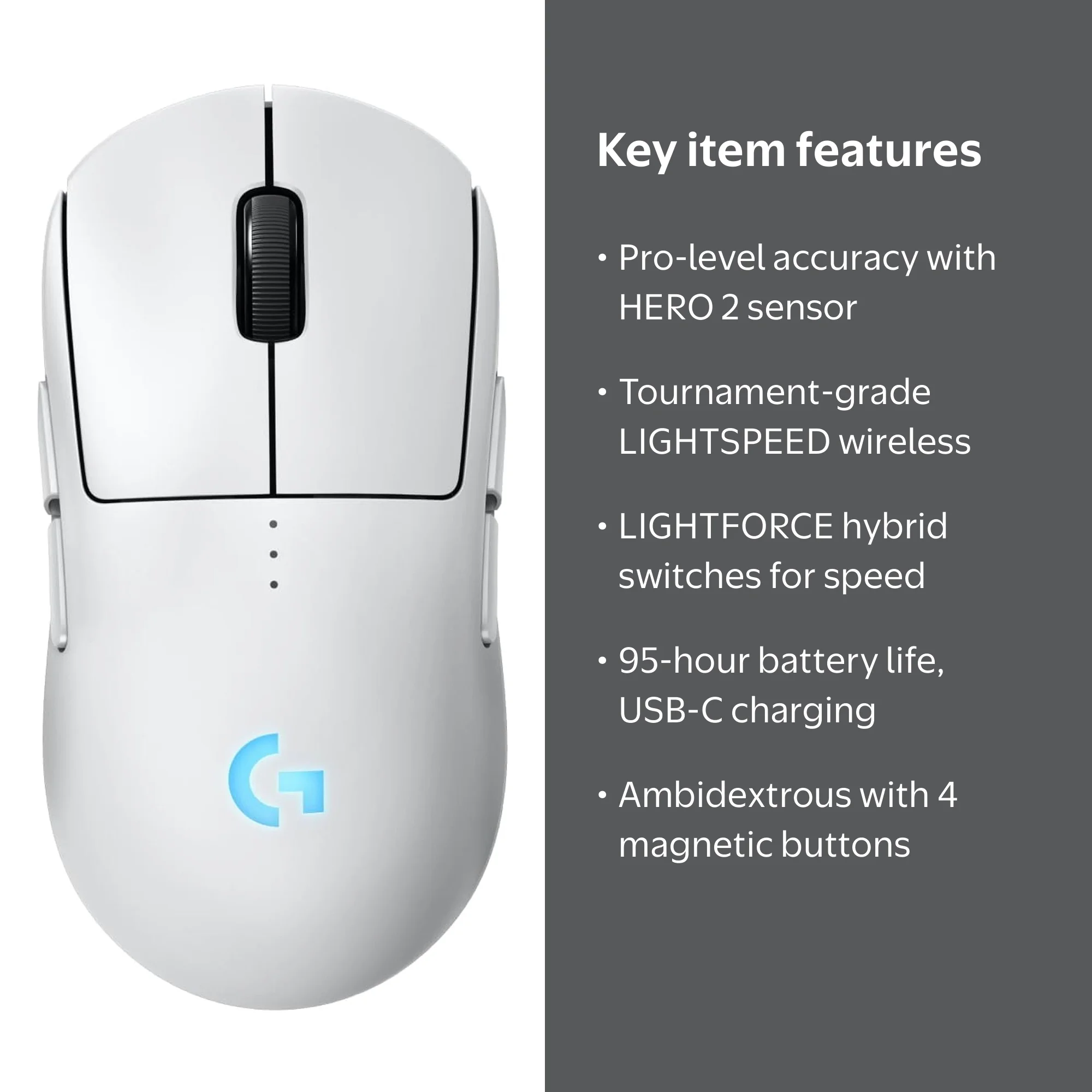 Logitech, Gaming Mouse, PRO 2 Lightspeed, Ambidextrous White