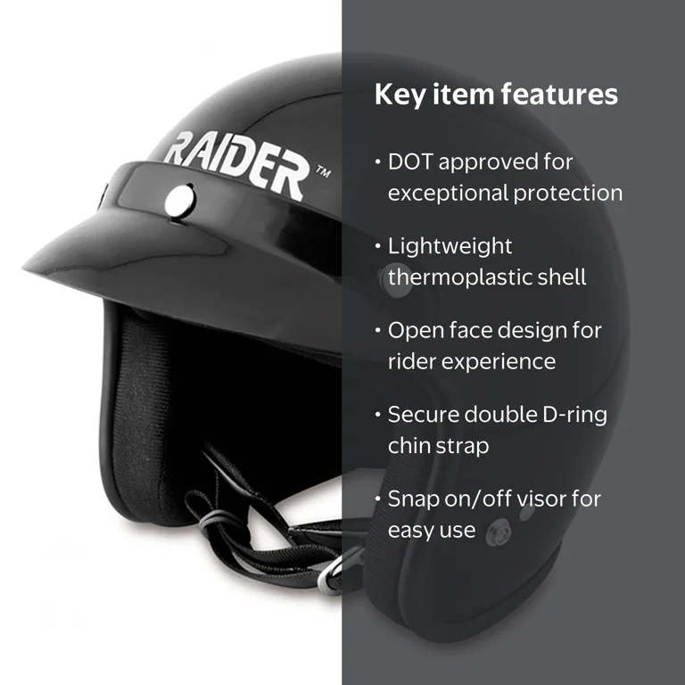 Raider Open Face Adult Motorcycle Helmet DOT Approved / Gloss