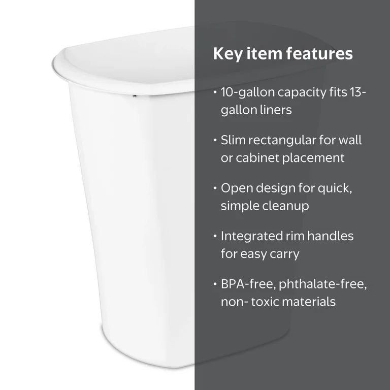 Sterilite 10 Gallon White Plastic Rectangular Kitchen Trash Can